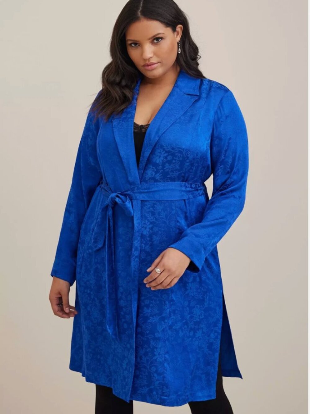 Women's Blue Jacquard Trench Coat 2X NWT Belted Duster Jacket Dress Rayon Fall